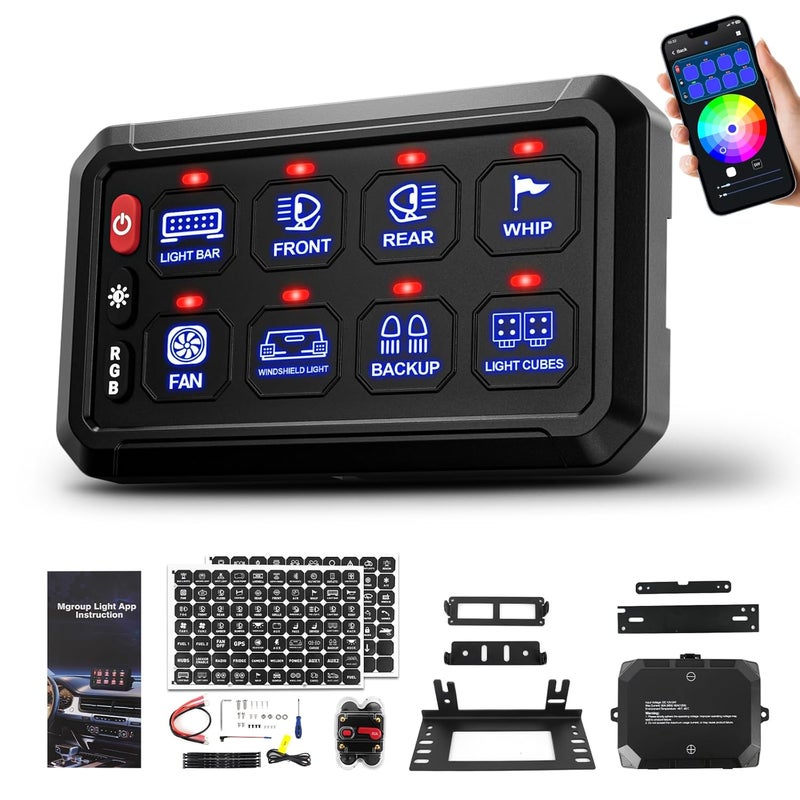 SUPAREE 8 Gang Bluetooth RGB Switch Panel,Toggle Momentary Flash Strobe Memory Function Auxiliary Switch Panel,Waterproof Circuit Control Relay System Box Universal for Truck ATV SUV UTV Boat - Image 1